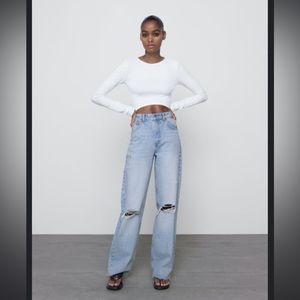 Zara Wide Leg Ripped Denim | 90s Full Length Raw Hem Denim in Light Blue Size 10